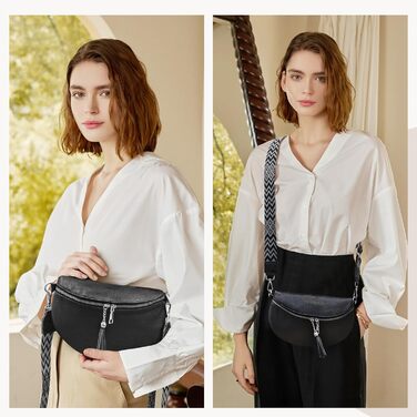 Жіноча сумка через плече з широким ременем, поясна сумка з натуральної шкіри, стильна з багатьма відділеннями для карток, кросбоді, гаманець (чорний)