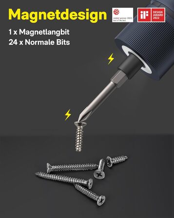 Акумуляторний шуруповерт HOTO з магнітом та 25 бітами, LED-підсвічуванням, 3 рівнями крутного моменту (1.5/3/4 Н.м), акумулятор 1500 мАг, зарядка USB-C, для ремонту меблів та електроприладів