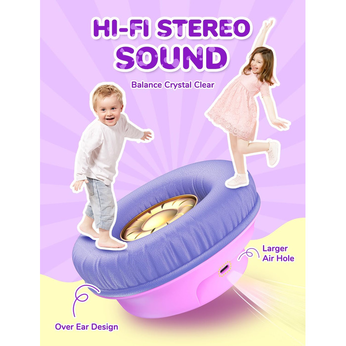 iClever Бездротові навушники для дітей з LED-підсвіткою, обмеження гучності 74/85 дБ, 43 години роботи, стереозвук, Type-C, AUX-кабель, Bluetooth 5.3, для планшетів/подорожей, рожево-фіолетові