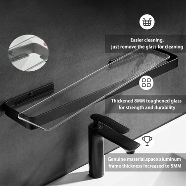 Biutimarden Shower Shelf No Drilling, Bathroom Shelf, Glass Shelf, Wall Mounting, Bathroom Shelf, Rectangular 8MM Tempered Glass, Self-Adhesive, Space Aluminum for Bathroom, Kitchen, Bathroom Accessories, 40CM Black