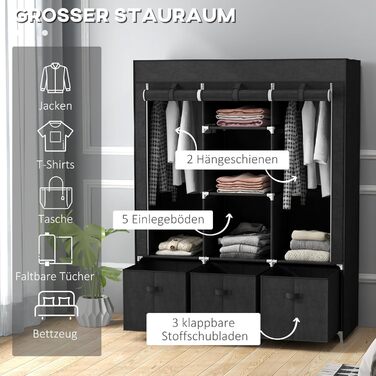 HOMCOM Fabric Wardrobe, Foldable Clothes Closet with Clothes Rod & Drawers, Folding Closet with Zipper, Fabric Closet for Bedroom, Black, 125 x 43 x 162.5
