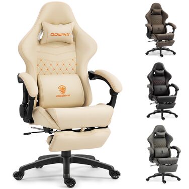 Ігровий крісло Dowinx з регульованою підніжкою, масажером попереку та офісним комфортом, до 200 кг, 165° нахил спинки, бежевий