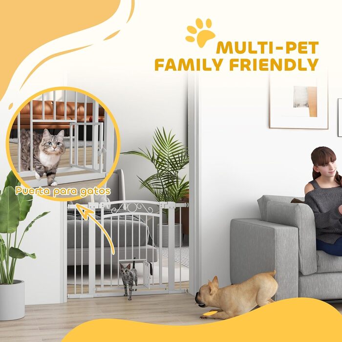 Бар'єр для собак PawHut: регульований, 76-104 см, безпечний, з двома розширювачами, двома замками та маленькими воротами для сходів та дверей, білий