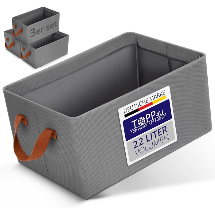 TOPP4u Storage Box Set Premium, 3-Piece, 40x28x20 cm, Extra Stable Storage Boxes with Metal Frame & Wooden Bottom, Foldable Closet Organizer, Boxes for Wardrobe, Large Storage Box, Grey