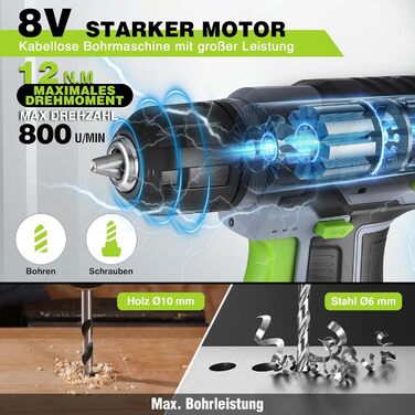 WORKPRO 8V Акумуляторний дриль-шуруповерт, комплект з кейсом, 2000 mAh, 10 мм патрон, 12 Н·м, LED, 21 шт. аксесуарів, для ремонту та DIY, сірий & зелений