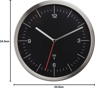 TFA Dostmann Wall Clock, 60.3544.01, No Ticking Sound, Kitchen Wall Clock, Analog, Glass Stainless Steel Black-Silver, 245 x 41 mm
