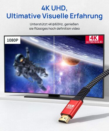 Кабель HDMI JSAUX 4K 3 метри: підтримка 4K@60Hz, HDR, UHD 2160p, Ethernet, ARC, для PS3/4, TV, PC (червоний)