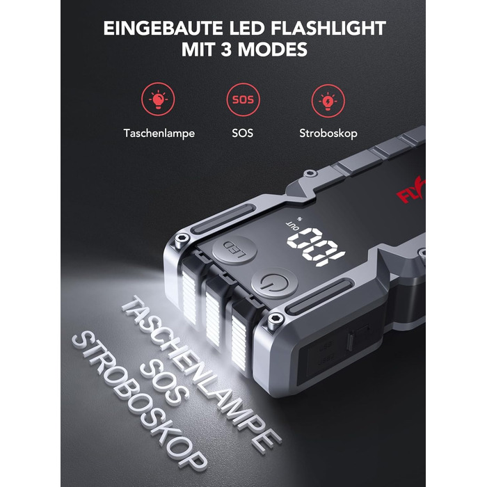 Powerbank Flylinktech CF900 для автозапуску з LCD-дисплеєм, 7000A, LED-ліхтарик, USB 3.0 (до 9.0L бензин/8.0L дизель)