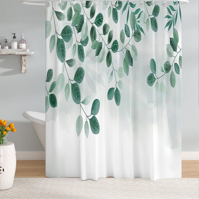 Штора для душу M&W DAS DESIGN з поліестеру, листя зелені та золота, водовідштовхувальна, антигрибкова, з кільцями 180x200 см