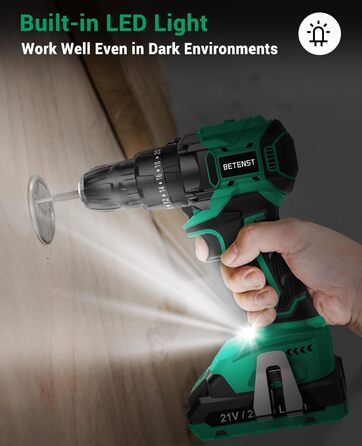 Акумуляторний шуруповерт BETENST 21V: 42Nm, 2.0Ah, 25+3 рівня крутного моменту, 2 швидкості, 10 мм патрон, LED, 30-ти елементний набір для дому, саду, DIY