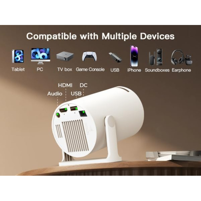 Портативний проєктор LYNCAST з Wi-Fi, Bluetooth та Android 11, 1080P/4K, поворотний на 180°, для дому та на відкритому повітрі (OptiBarrel 005 White)