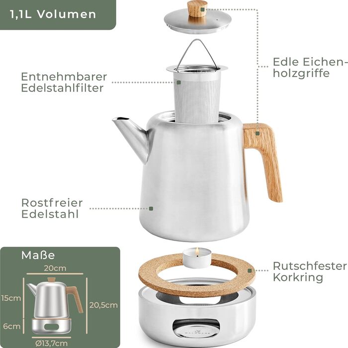 WALDWERK Teapot with Infuser - Teapot Thermal Double-Walled - Teapot with Strainer Made of 304 Stainless Steel - Tea Maker with Real Oak Wood Handles - Tea Pot 100% Drip-Free (Teapot with Lid)