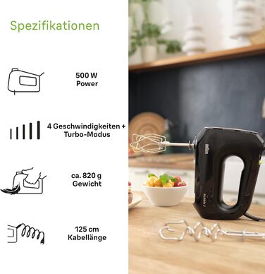 Ручний міксер Braun MultiMix 2 HM2110BK, 500 Вт, 4 швидкості + Турбо, FastMix, EasyClick, вінчик і гачки для тіста, чорний