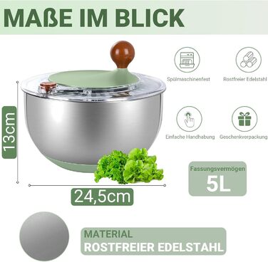 Салатниця-центрифуга з нержавіючої сталі, 500 г об'єму, 5 л, ручний привід з ручкою, неслизький кришка та випуск води, придатна для миття в посудомийній машині, ідеальна для свіжих салатів та овочів