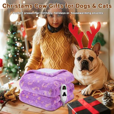 Електрична грілка з принтом корів, подвійний розмір 157x213 см, фіолетовий колір, 10 температурних режимів, таймер автоматичного вимкнення на 8 годин, флісова та шерпа-підкладка, тепла, подарунок для жінок