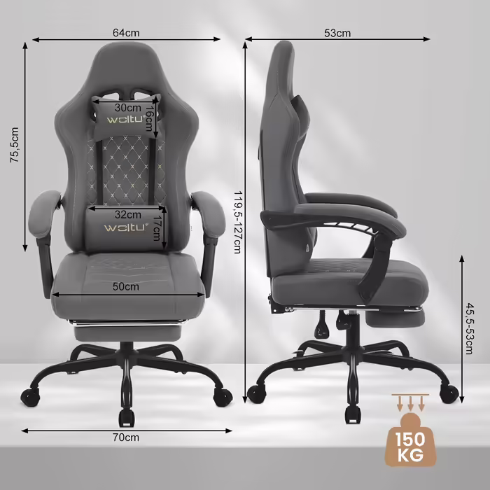 WOLTU Gaming Chair with Massage Function, Computer Chair with Pocket Spring Cushion, Ergonomic Gamer Recliner, Swivel Chair with Headrest, Lumbar Pillow, Footrest, 150 kg, Tech Fabric, Grey + Yellow, GS07gr Grey Tech Fabric