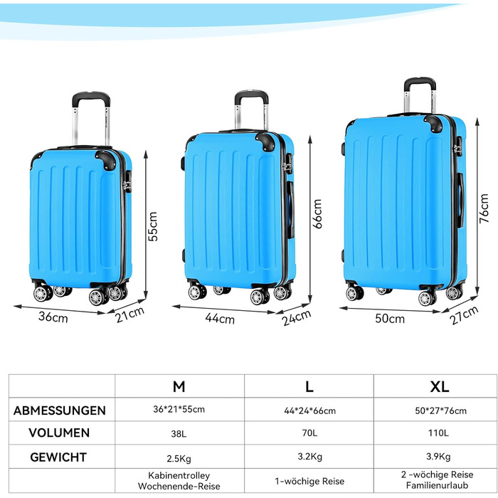 Чохол-валіза Beibye: валіза-роликовий багаж з кодовим замком, 4 колеса (Чорний, Цяново-синій, Набір валіз)