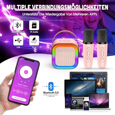 Караоке машина для дітей 3-12 років Dislocati з 2 мікрофонами Bluetooth, рожева. Портативна музична іграшка зі світлодіодами для вечірок
