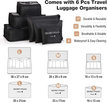 Сумка-мішок для одягу 2 в 1 для жінок, велика складана дорожня сумка Weekender з 6 органайзерами для одягу та відділенням для взуття, спортивна сумка для подорожей, ручна поклажа, чорна (3.grün, 50L)