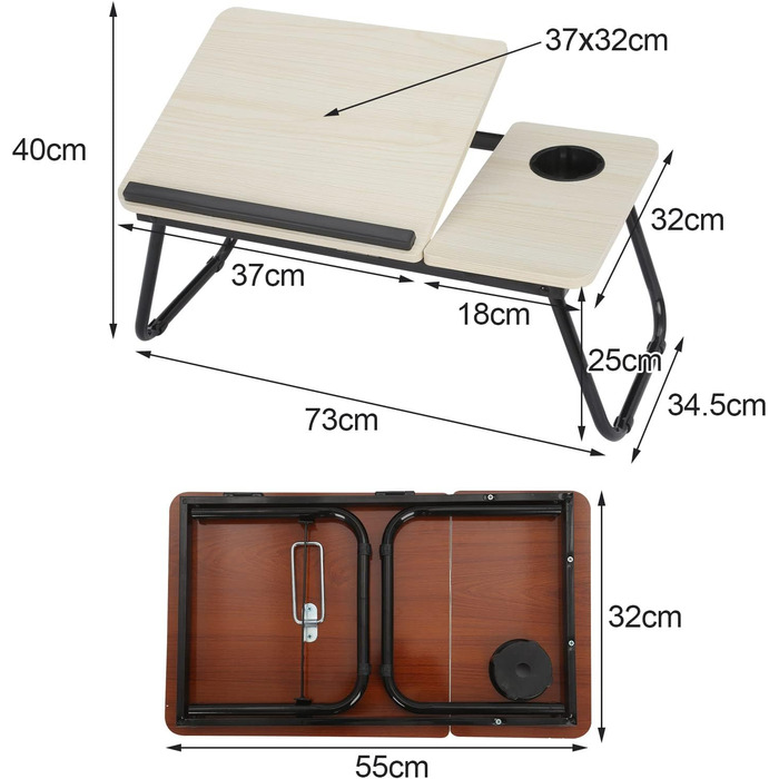 Складаний столик для ноутбука 55x32x25 см: білий, з підстаканником для читання та сніданку