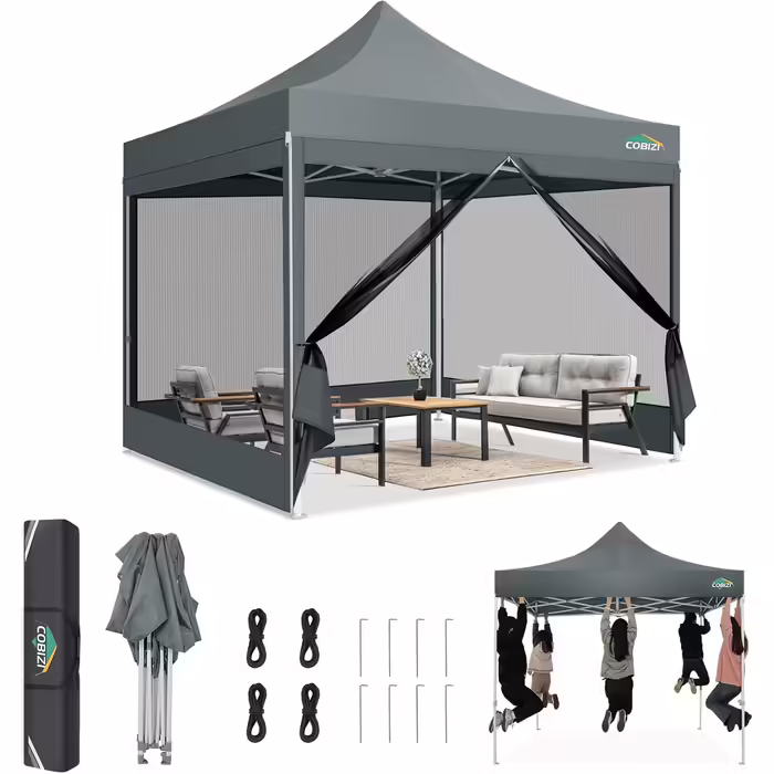 COBIZI Pavilion 3x3m Foldable, Waterproof & Winter-Proof – Stable Garden Tent with 23mm Steel Pipe, UV50+ and Mosquito Nets for Camping/Parties + Carry Bag (Gray, 3mx3m)