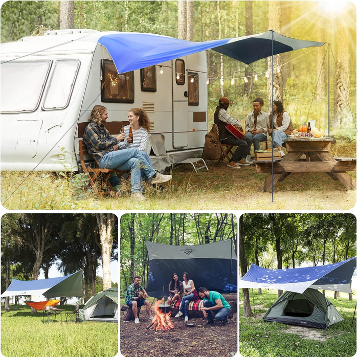 Тент Forceatt Zeltplane 3.7x4.3 м: ультралегкий, водонепроникний, з 6 точками кріплення, анти-UV. Підходить для кемпінгу, піших прогулянок та активного відпочинку на природі. Темно-синій & сірий колір.