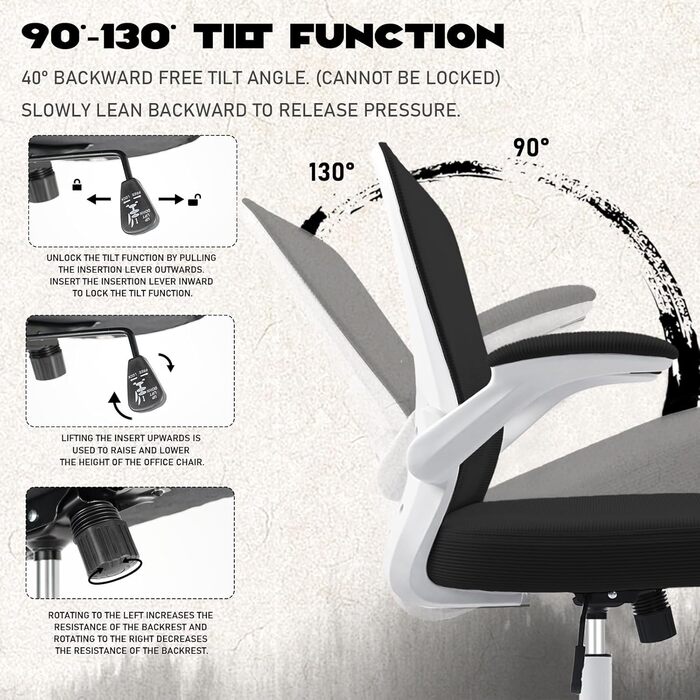 Ергономічне крісло для офісу та робочого столу з підйомними підлокітниками, регульованою підтримкою попереку, регульованою висотою поворотного сидіння та спинкою, що нахиляється до 130°, (Білий)