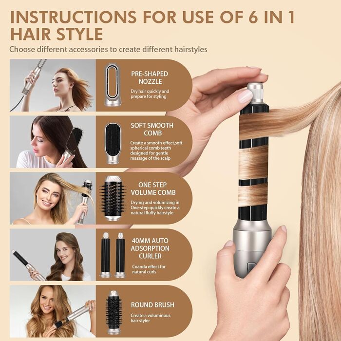 Набір фена та плойки 6 в 1 Air Styler: сушка, укладка, об'єм, локони. Іонна турботехнологія, 1200W. Для професійного салонного догляду за волоссям