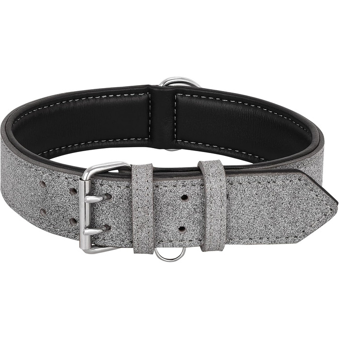 Riparo Genuine Leather Adjustable Dog Collar with Additional Reinforcement (: 4.5CM Wide for 53.4CM - 63.5CM Neck, ) (XL, Grey/White Thread)