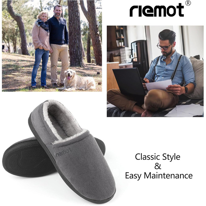 Чоловічі мокасини-домашні тапочки Riehmot з м'якою підошвою з гуми, з підкладкою Sherpa, теплі, з м'якою піною Memory Foam, сірі, розмір EU 42-47