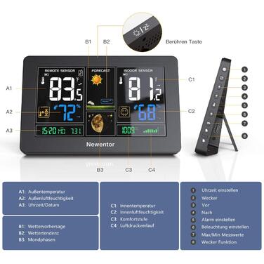 Newentor Weather Station Radio with 2 Outdoor Sensors - Radio Weather Station with Weather Forecast, Temperature Warning, DCF Radio Clock - Battery Powered and Mains Powered, White 1*Station + 2*Outdoor Sensor White