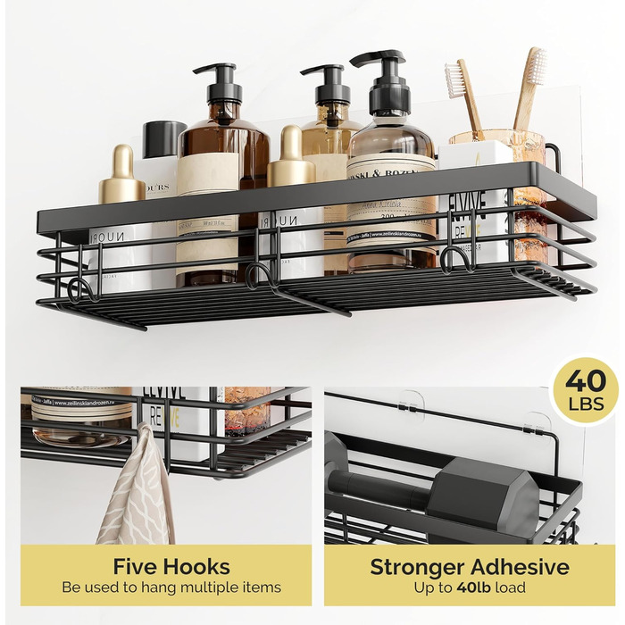 Набір душових корзинок Orimade з полицями та 5 гачками для ванної кімнати (3 шт., чорний)