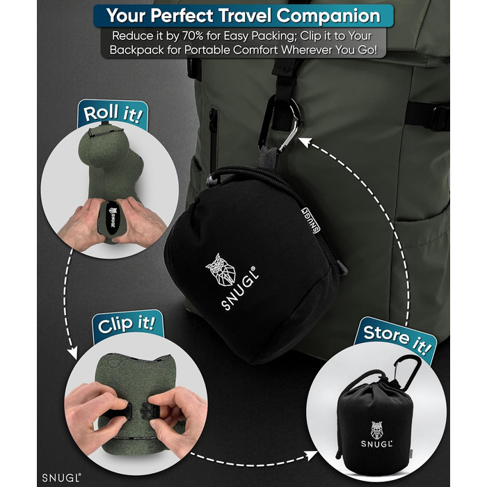 Подушка для шиї SNUGL з піною з пам'яті, миюча та регульована | М'яка подушка для шиї для подорожей на літаку, автомобілі та в дорогу | Подушка-вирязка для шиї, Neck Travel Pillow (дорослий, маленький, світло-зелений)