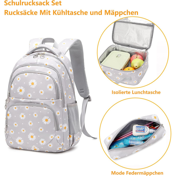 Шкільний рюкзак для дівчаток-підлітків, вінтажний рюкзак-сет, квітковий дизайн, рюкзак для ноутбука, шкільні сумки для жінок, школа, подорожі, з ланч-пакетом та пеналом 3 в 1, сірий