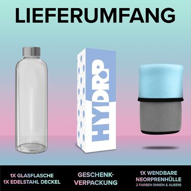 HYDROP® TEST WINNER Glass Bottle 1 Liter with Protective Sleeve - Shatterproof - Drinking Bottle Glass in 1L or 750ml, Suitable for Carbonated Drinks & Leak-Proof - Glass Water Bottle with High-Quality Gift Packaging (Light Gray / Light Blue, 750 ml)