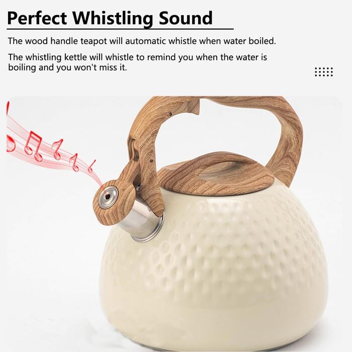 Чайник-свисток з нержавіючої сталі 3L, чайник для чаю та кави, сумісний з усіма плитами, білий