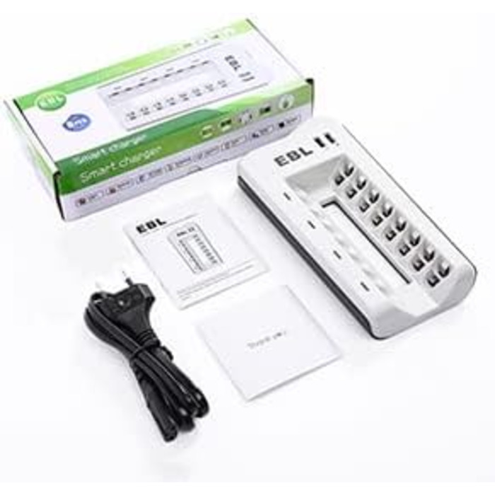 Зарядний пристрій EBL для акумуляторів AA/AAA NI-MH/NI-Cd та USB пристроїв, 8 слотів, LED дисплей, 2 USB порти (без акумуляторів)