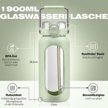 1900ml Glass Drinking Bottle with Straw and Stainless Steel Handle, Glass Water Bottle with Silicone Sleeve and Time Marker, Monitoring Your Daily Water Bottle 2 Liter, Light Green