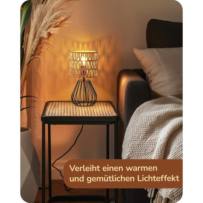 EDISHINE Настільна лампа, сучасний індустріальний дизайн, цоколь E14, вінтажний стиль, для спальні, вітальні, бежево-чорний колір (ротанг + чорний)