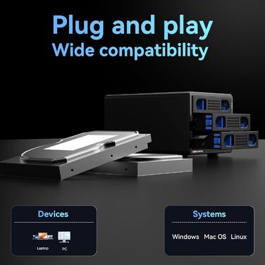 Корпус для жорстких дисків CENMATE з трьома відсіками для 2.5'/3.5' SATA HDD/SSD з USB 3.0, без інструментів, Daisy Chain, DAS (не RAID/NAS)