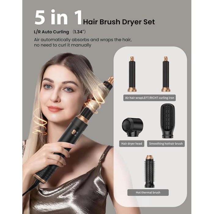 Набір для укладки волосся 6 в 1: фен-щітка, плойка, негайні іони, 110000 обертів, регулювання температури, тиха робота (чорний)