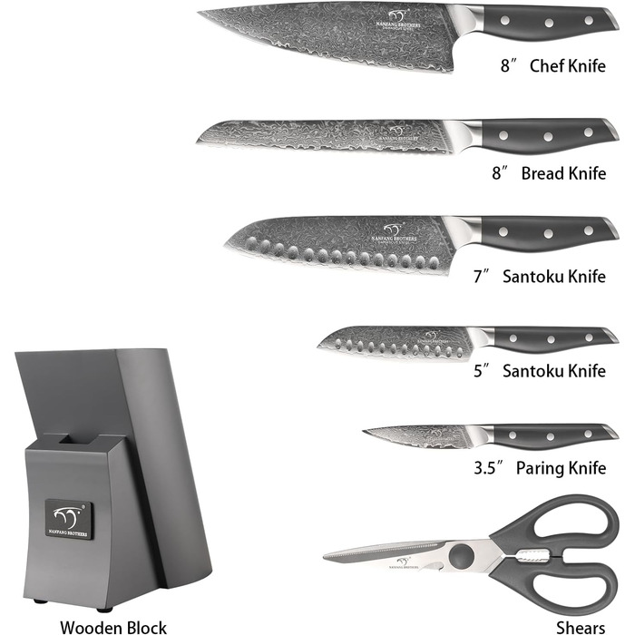 Набір кухонних ножів NANFANG BROTHERS Damascus 7 предметів з підставкою, нековзна ручка ABS, високоякісна нержавіюча сталь, ніж шеф-кухаря, хлібний ніж, ніж сантоку, ніж для очищення, ножиці