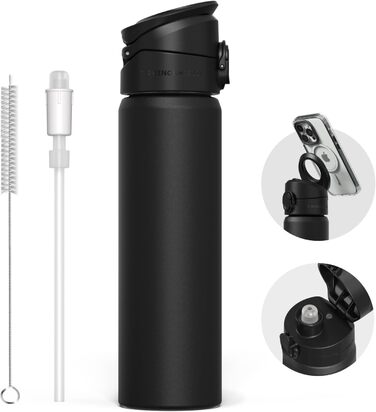 RhinoShield AquaStand Magnetic Bottle 700 ml | Stainless Steel Insulated Drinking Bottle with Straw, Sports Bottle with MagSafe-compatible Grip, Adjustable Angles, Leak-Proof - Black