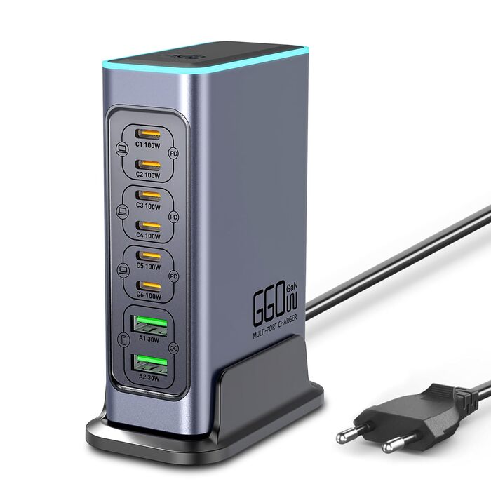 Зарядний пристрій USB C 620W GaN 10 портів: швидка зарядка для ноутбуків, iPhone, Samsung, MacBook Pro/Air (7x USB C + 3x USB A, PD)