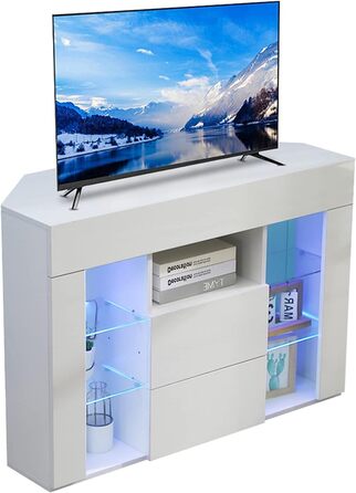 Кутова ТВ тумба Dripex з LED підсвіткою, білий глянець, 100x68x40 см – тумба під телевізор, етажерка для вітальні