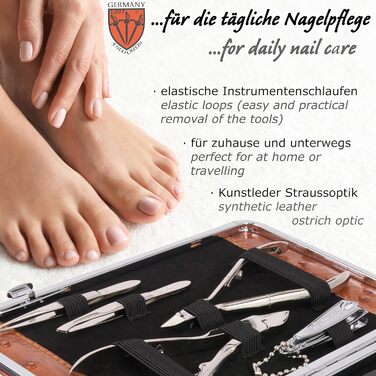 Набір для манікюру DREI SCHWERTER 'Fano' - 11 предметів (ніж для нігтів, щипчики, ножиці) у стабільному етою - колір коньяк/штучний шовк