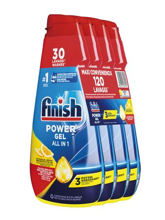 Рідкий засіб для посудомийних машин Finish Powergel, мультифункціональний, з лимоном, віджирюючий ефект, 120 мийок (4 упаковки по 600 мл)