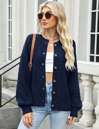 Жіночий кардиган Rapbin: короткий рукав, в'язаний, вільний крій, повсякденний стиль, осінь, з ґудзиками, темно-синій