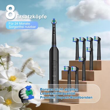 Електрична зубна щітка Rotierende для дорослих з 8 насадками, 3 режимами чищення, акумулятором до 50 днів та Smart-таймером 2 хв - Чорна