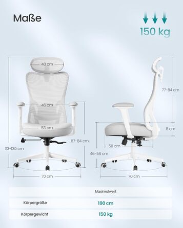 Офісний стіл SONGMICS - ергономічне крісло, комп'ютерне крісло з регульованою поперековою та підголовною підтримкою, до 150 кг, регульована висота, OBN066BH01 (Сірий голуб)